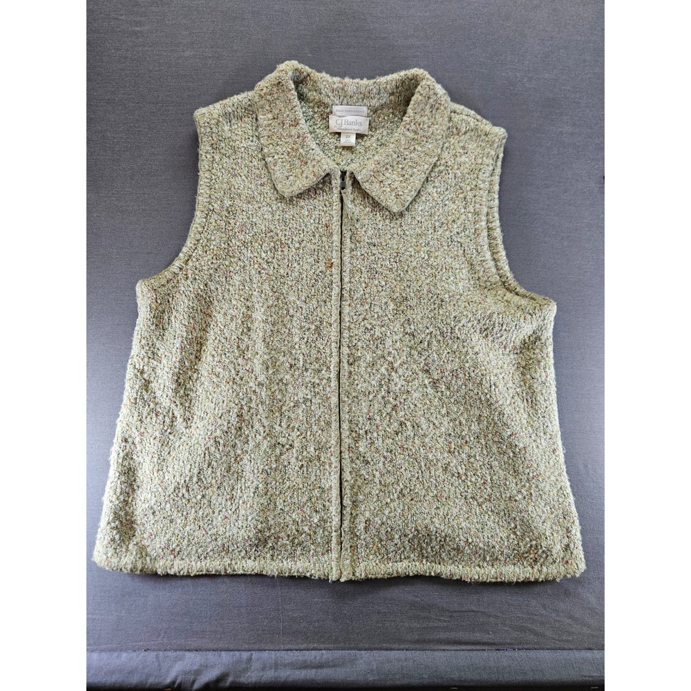 CJ Banks Womens 2X Green Marled Knit Full Zip Sweater Vest Collared Sleeveless